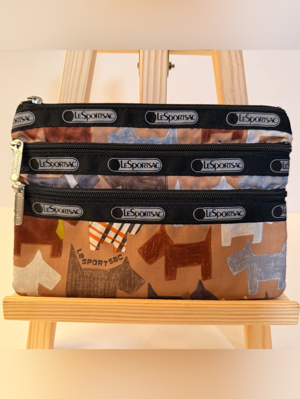 LeSportsac Brown Multi-Dog Pattern Triple Zip Toiletry Bag